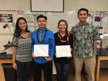 Pictured from left: Wai‘anae High School Teach For America teacher Sarah Kern, NAI Scholarship Finalist Russell Kiyono, NAI Scholarship Winner Chloe-Marie Stamm-Calotis, and former Nānākuli High School Teach For America teacher Leo Shimizu.