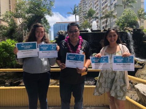 Jasmine Kamanaʻo, Robin Kitsu advisor, and Alysia Kepaa show the awards the Ka Leo ʻO Nānākuli Newspaper received in the State High School Newspaper Awards Luncheon in April.