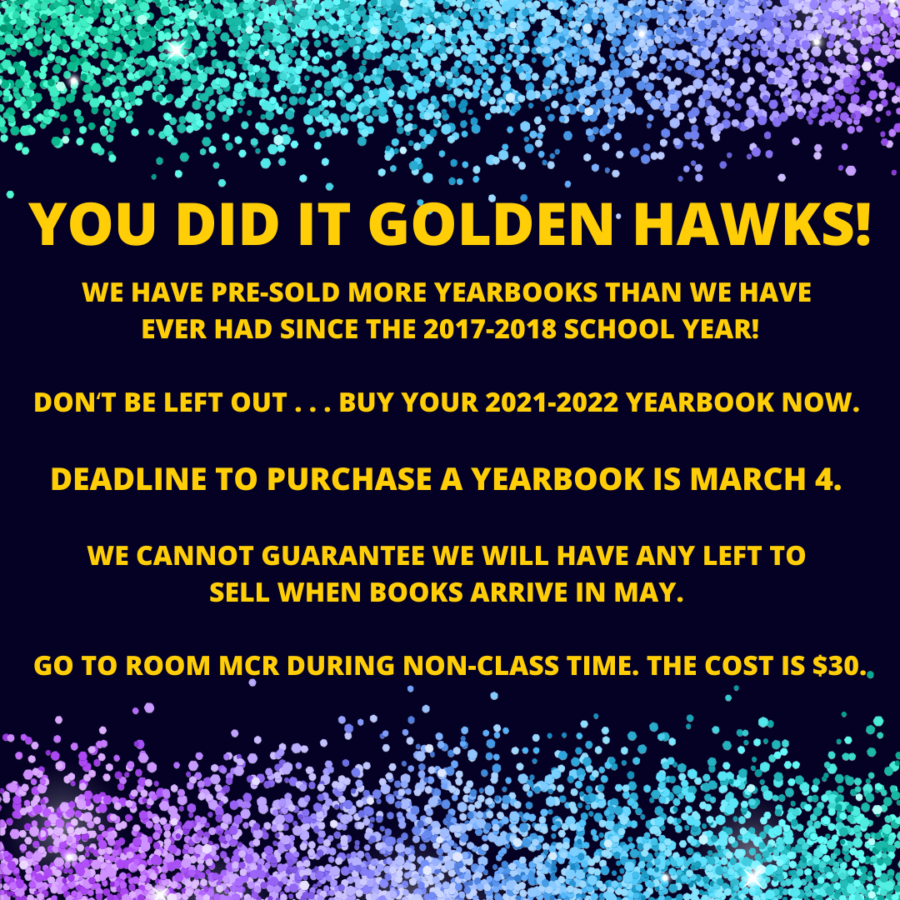 DEADLINE TO PURCHASE A 2021-2022 YEARBOOK IS MARCH 4