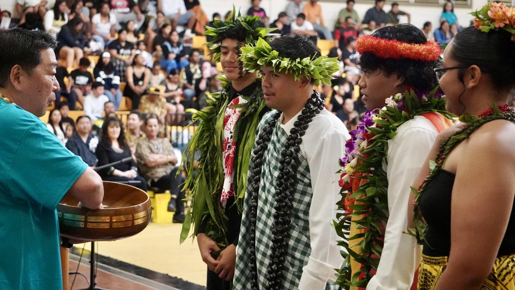 This year’s Song Leaders (from left to right): Middle School Class of 2030 and 2031 Colten Lawelawe, Sophomores Class of 2028 Jacob Kalānui Kamaunu, Senior-Junior Class of 2026 and 2027 Alvin Vitale, and Freshmen Class of 2029 Evelyn Soumwei.